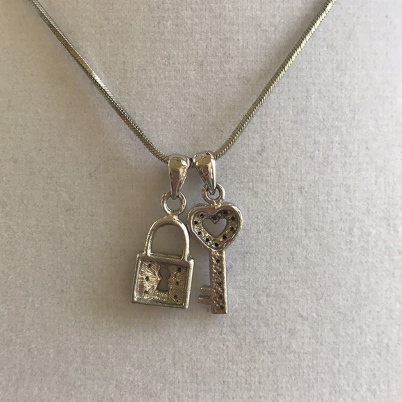 Silver Lock & Key Necklace with Crystal Accents - Picture 5 of 5